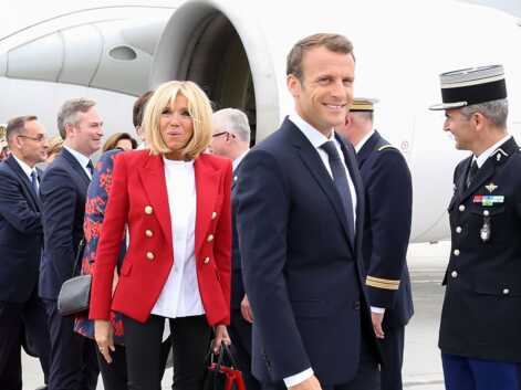 PHOTOS - Brigitte Macron en veste rouge et top blanc symbolique pour sa visite au Canada