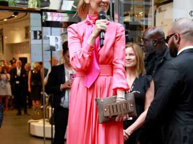 Céline Dion en robe longue rose lance sa ligne de sacs