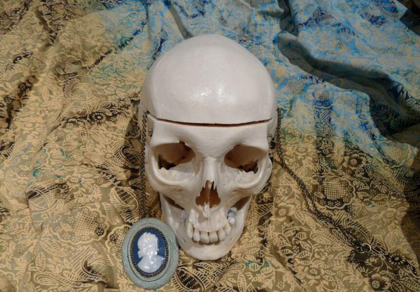 Ce crâne, orné d'un camée, n'impressionne guère l'artiste