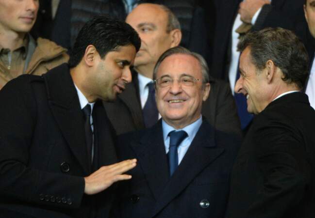 Nasser Al-Khelaïfi (président du PSG), Florentino Perez (président du Real Madrid) et Nicolas Sarkozy 