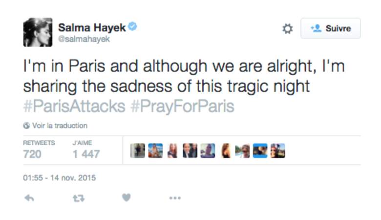 Salma Hayek, à Paris, rassure ses fans mais pense aux victimes