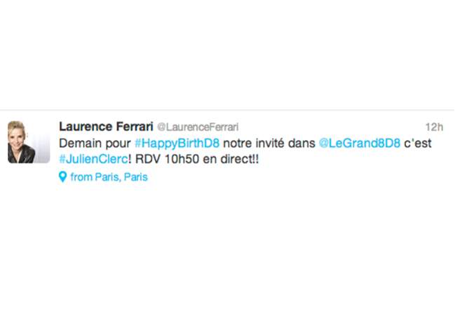 Autre événement, l'anniversaire de D8, Laurence Ferrari va le fêter avec Julien Clerc. La Classe!