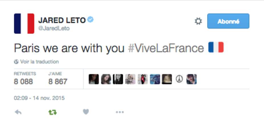 Jared Leto a même mis son compte Twitter aux couleurs de Paris 