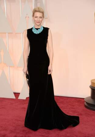 Cate Blanchett en Maison Margiela Couture par John Galliano, collier Tiffany & co, pochette Roger Vivier