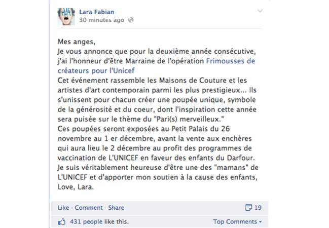 Lara Fabian s'engage sur Facebook pour la bonne cause