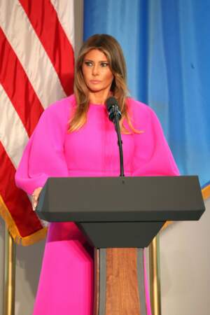 En robe rose ultra flashy lors de son discours aux Nations Unies, le 20 septembre 2017