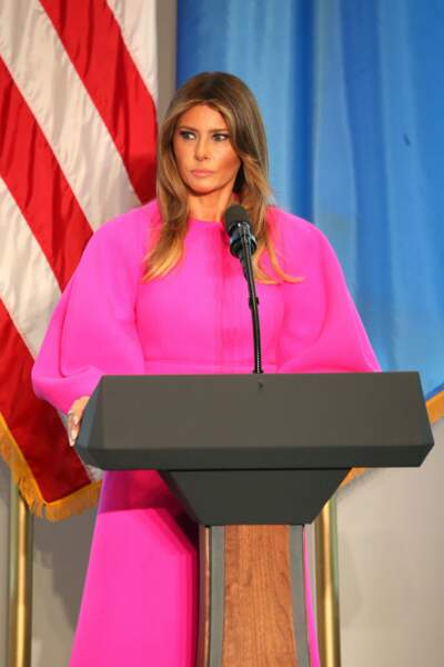 En robe rose ultra flashy lors de son discours aux Nations Unies, le 20 septembre 2017
