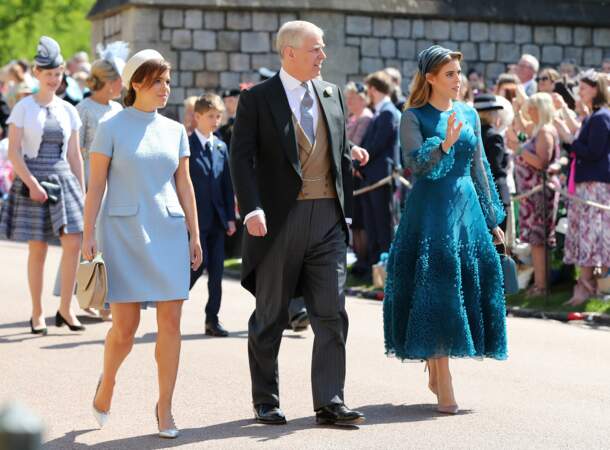 Beatrice, le prince Andrew et Eugenie d'York au mariage de Meghan Markle et du prince Harry le 19 mai 2018