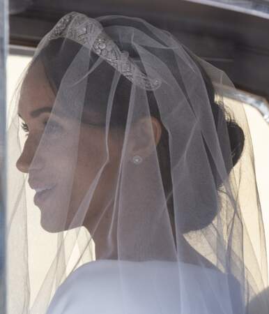 Meghan Markle à son arrivée à la chapelle St. George au château de Windsor lors de son mariage le 19 mai 2018
