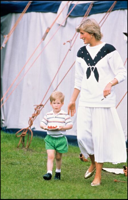 Lady Diana et son fils le prince Harry portant une assiette de fraises, lors d'un match de polo à Windsor en 1987