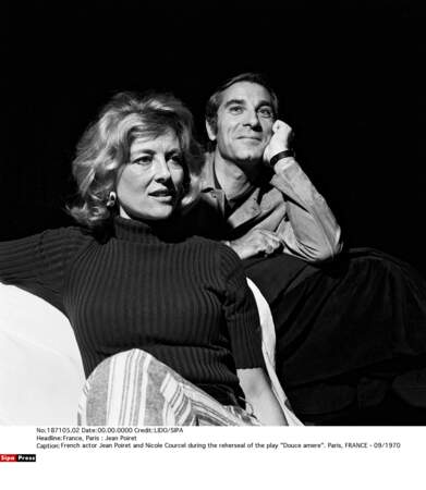 Nicole Courcel et Jean Poiret sur la pièce Douce Amère, en 1970