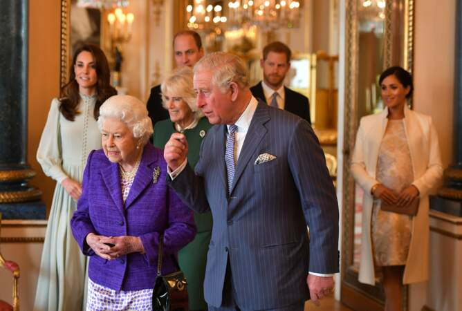 La famille royale lors des 50 ans de l'investiture du prince de Galles, le 5 mars 2019 à Buckingham