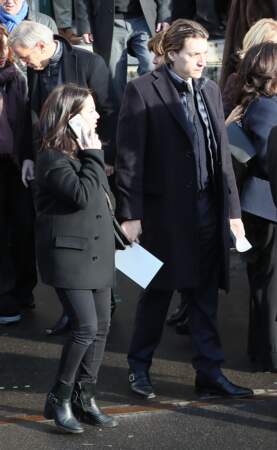Bernard de la Villardière, Jean Sarkozy et sa femme Jessica Sebaoun lors des obsèques d'Andrée Sarkozy