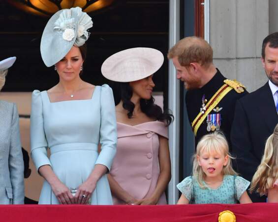 Kate Middleton, Harry et Meghan Markle lors de la parade "Trooping the Colour" à Londres le 9 juin 2018