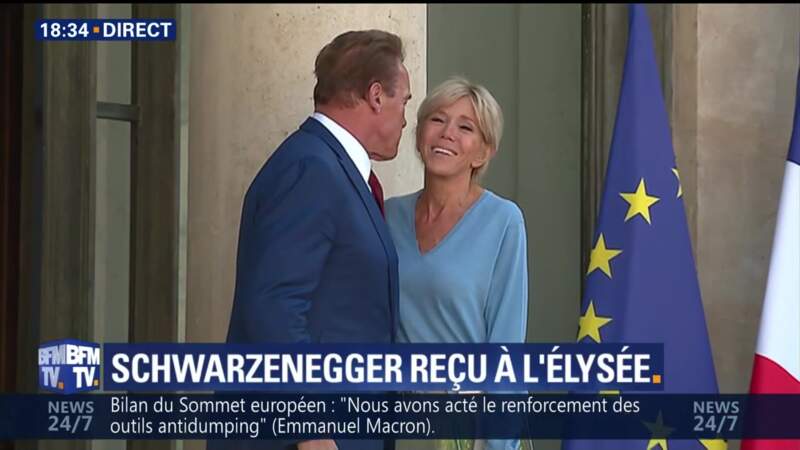 Brigitte Macron et Arnold Schwarzenegger à l'Elysée : une bise qui n'échappe pas aux médias