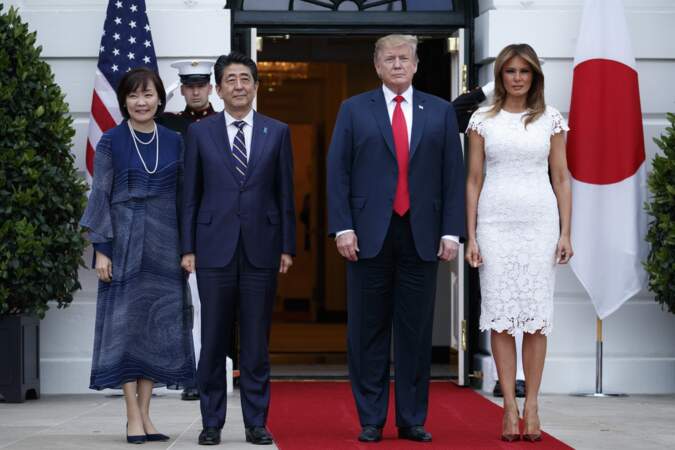 Shinzo Abe et sa femme aux côtés de Donald et Melania Trump, à la Maison Blanche, le 26 avril 2019.
