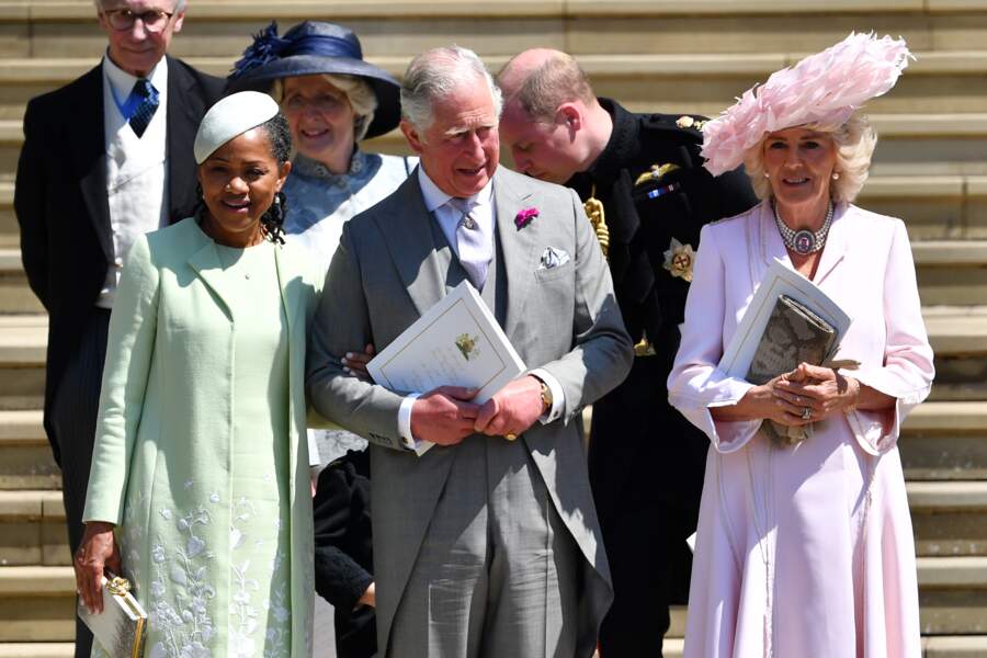 Doria Ragland, le prince Charles et Camilla Parker Bowles à la sortie de la chapelle