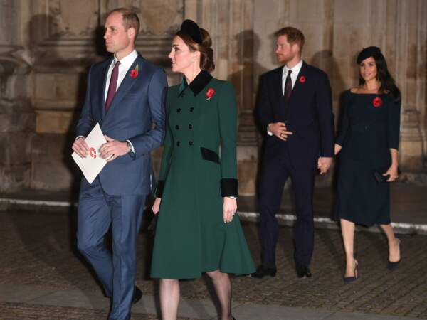 William, Kate Middleton, Harry et Meghan Markle sortant de l'Abbaye de Westminster, le 11 novembre 2018