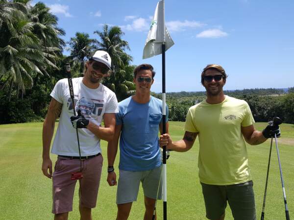 Camille Lacourt, Stéphane Debaere et Giacomo Perez Dortona au Moorea Green Pearl Golf Course