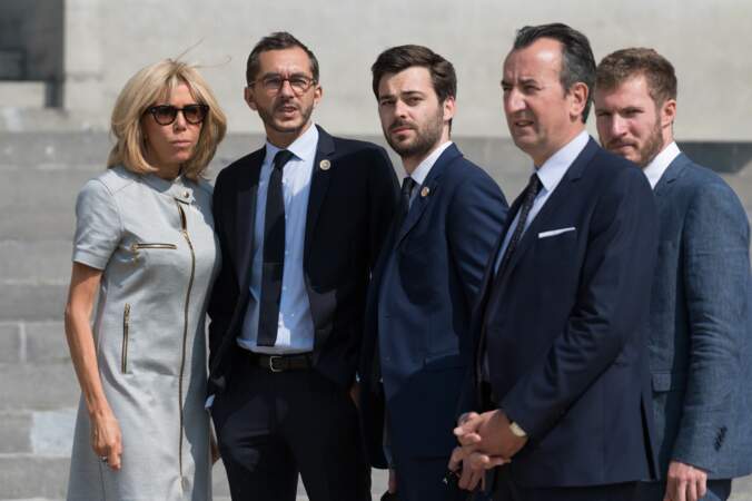 Brigitte Macron, avec Pierre-Olivier Costa et Tristan Bromet, à Bruxelles, le 12 juillet 2018