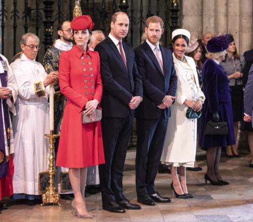Le prince William, le prince Harry, Kate Middleton et Meghan Markle  à la messe du Commonwealth à Londres le 11 mars 2019.