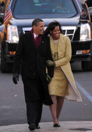 Barack parade avec Michelle le jour de son investiture à Washington, DC, le 20 janvier 2009