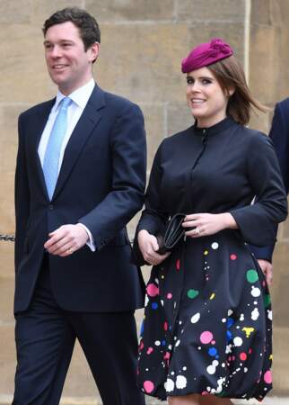La princesse Eugenie et son fiancé Jack Brooksbank lors de la messe de Pâques à Windsor le 31 mars 2018