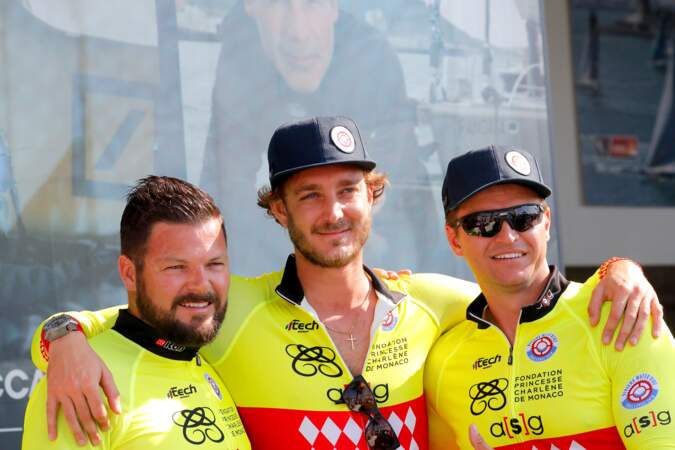 Les frères de Charlène, Sean et Gareth Wittstock, entourant Pierre Casiraghi, à Monaco, le 17 juin 2018