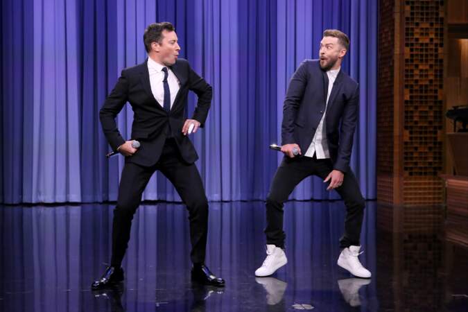 Jimmy Fallon sur le plateau du Tonight Show, avec son ami Justin Timberlake en 2015