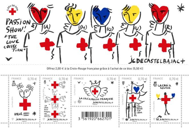 Bloc de 5 timbres, 5,50 € (Jean-Charles de Castelbajac pour La Croix Rouge dans les bureaux de Poste).