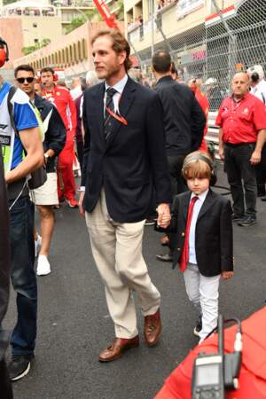 Andrea Casiraghi et son fils Sacha lors du 76ème Grand Prix de Monaco le 27 mai 2018. 