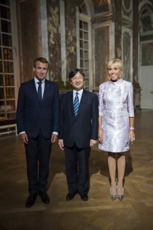 Emmanuel et Brigitte Macron avec le prince héritier du Japon, avant le dîner à Versailles, le 12 Septembre 2018