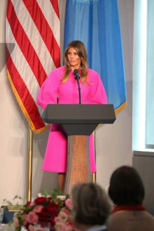 Melania Trump en robe rose fuchsia Delpozo, le 20 septembre 2017 aux Nations Unies à New York