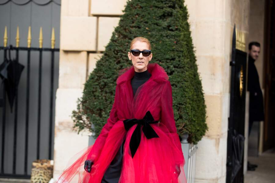 Céline Dion qui porte une manteau en tulle rouge transparent et son ami Pepe Munoz à Paris