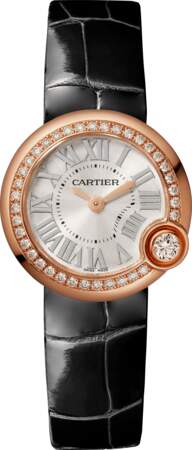 Montre Ballon Blanc en or rose, diamants et cuir, 12 000 €, Cartier.