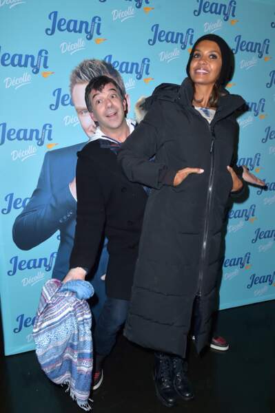Stéphane Plaza et Karine Le Marchand au spectacle "JeanFi (Janssens) Décolle" à Paris, en décembre 2017