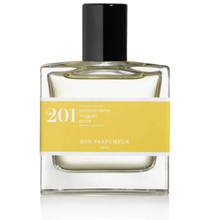 Parfum 201 à la pomme verte muguet et poire, 32 € (Bon Parfumeur).