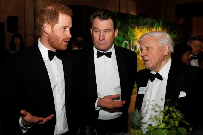 Le prince Harry discute avec David Attenborough à l'avant-première de Our Planet, à Londres, le 4 avril 2019.