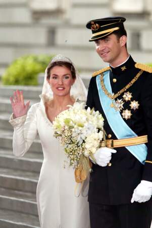 Mariage de Felipe d'Espagne et Letizia Ortiz (en robe Manuel Pertegaz) le 22 mai 2004 à Madrid