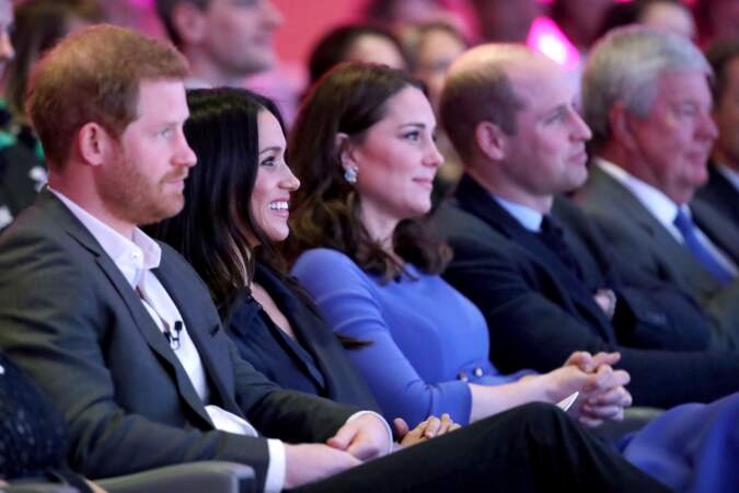 Le prince William, le prince Harry, Kate Middleton et Meghan Markle au forum annuel de la Royal Foundation, le 28 février 2018, à Londres.