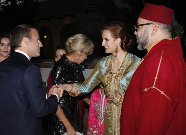 Le Président français E.Macron et sa femme accueillis par Lalla Salma et le roi du Maroc à Rabat le 14 juin 2017