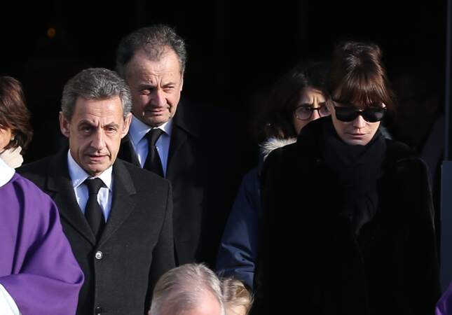 Nicolas Sarkozy, son frère Guillaume Sarkozy, sa femme Carla Bruni-Sarkozy aux obsèques d'Andrée Sarkozy