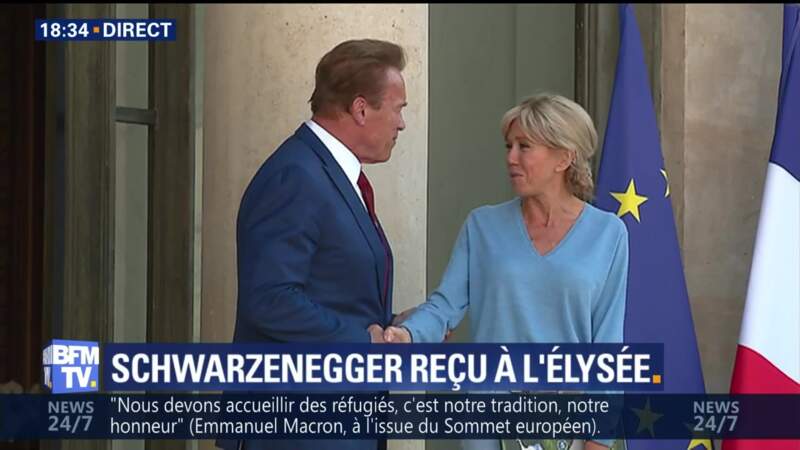 La Première Dame Brigitte Macron et Arnold Schwarzenegger à l'Elysée