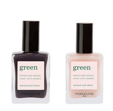 Vernis à ongles « Green » (teintes de gauche à droite : Queen of the Night et Pâle Rose) Manucurist, 14€ l’unité 