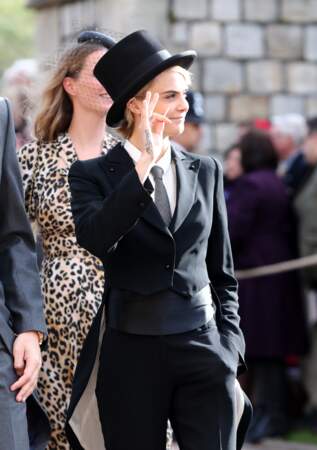 Le top Cara Delevingne au mariage d'Eugénie d'York, au château de Windsor, le 12 octobre 2018