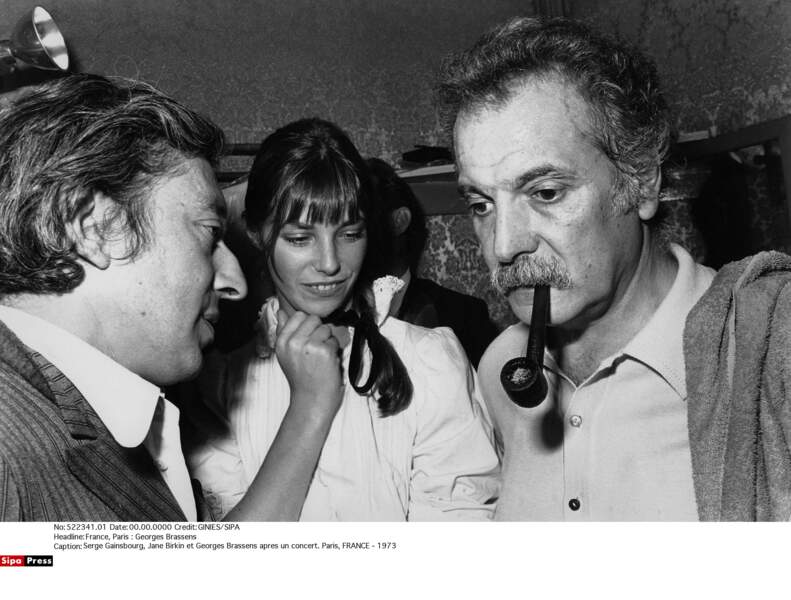 Serge Gainsbourg, Jane Birkin et George Brassens après un concert en 1973