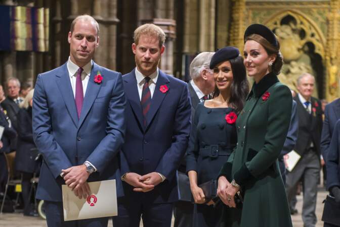 Le prince William, le prince Harry, Kate Middleton et Meghan Markle ensemble lors du service commémoratif pour le centenaire de la fin de la 1er Guerre Mondiale, le 11 novembre 2018.