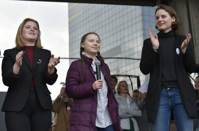 Greta Thunberg s'exprime lors d'une manifestations des jeunes pour le climat à Bruxelles, le 21 février 2019.