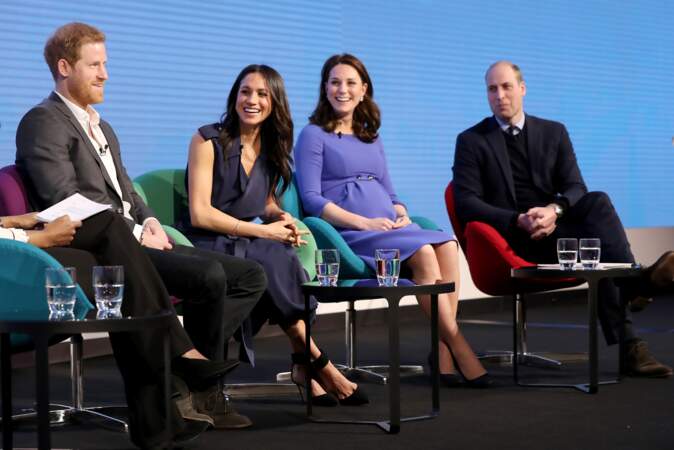 Le prince William, le prince Harry, Kate Middleton et Meghan Markle au forum annuel de la Royal Foundation, le 28 février 2018, à Londres.