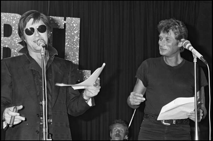 Jacques Dutronc et Johnny Hallyday en duo dans l'émission" Rock'n'Roll Circus" sur RTL en 1984